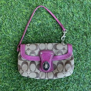 Coach Signature Logo Jacquard with Pink Leather Lining Wristlet Purse